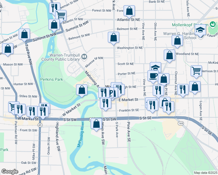 map of restaurants, bars, coffee shops, grocery stores, and more near 160 High Street Northwest in Girard