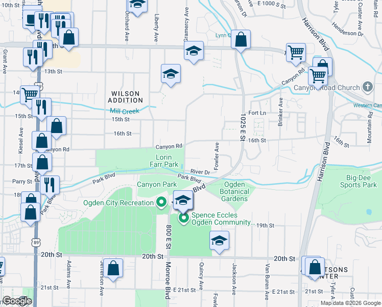 map of restaurants, bars, coffee shops, grocery stores, and more near 848 Wood Street in Ogden