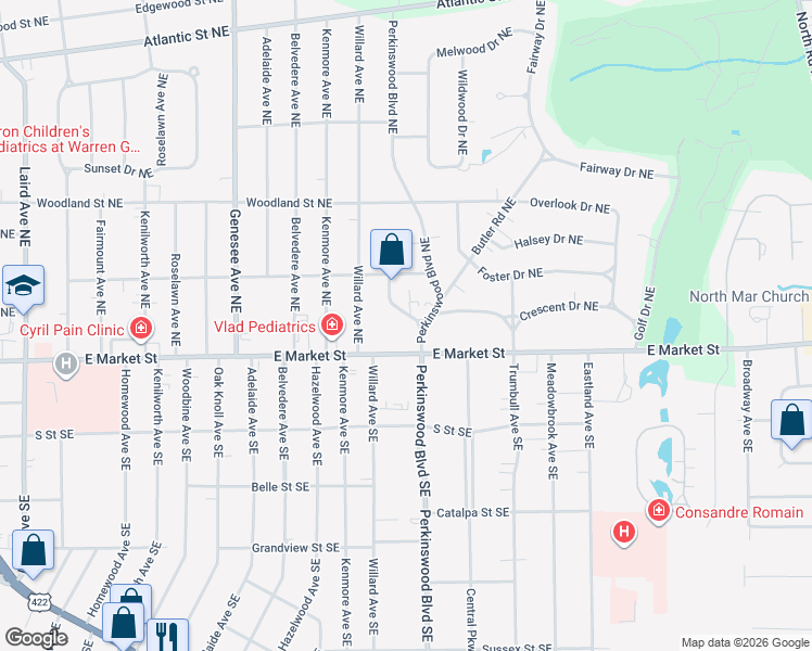 map of restaurants, bars, coffee shops, grocery stores, and more near 180 Garfield Drive Northeast in Warren