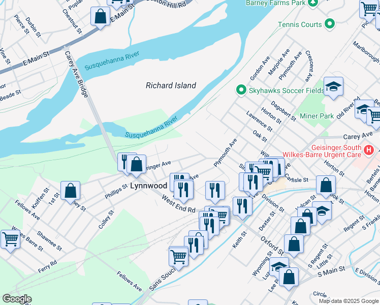 map of restaurants, bars, coffee shops, grocery stores, and more near 100 Claymont Avenue in Wilkes-Barre