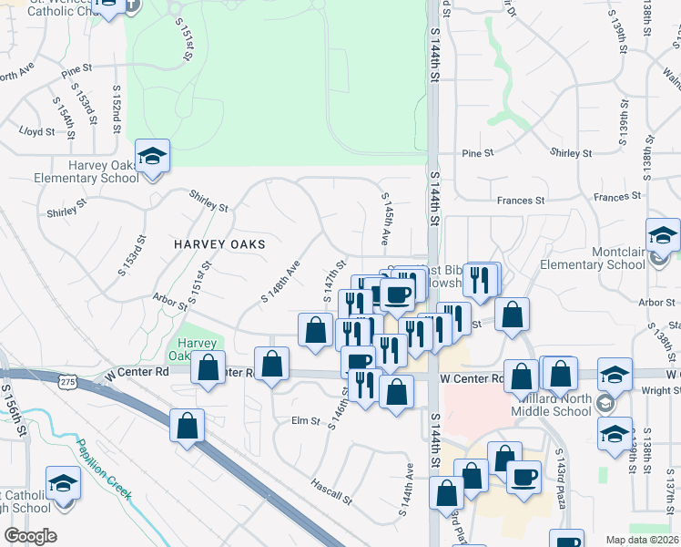 map of restaurants, bars, coffee shops, grocery stores, and more near 14611 Harvey Oaks Avenue in Omaha