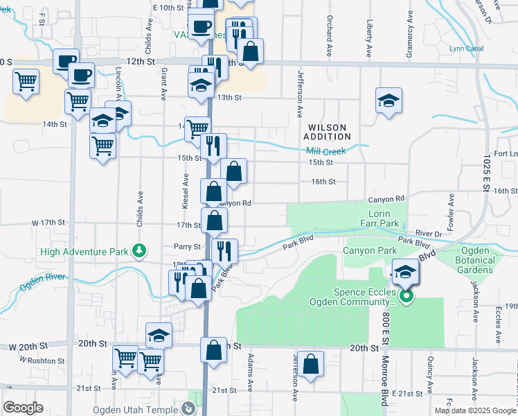 map of restaurants, bars, coffee shops, grocery stores, and more near 507 Canyon Road in Ogden