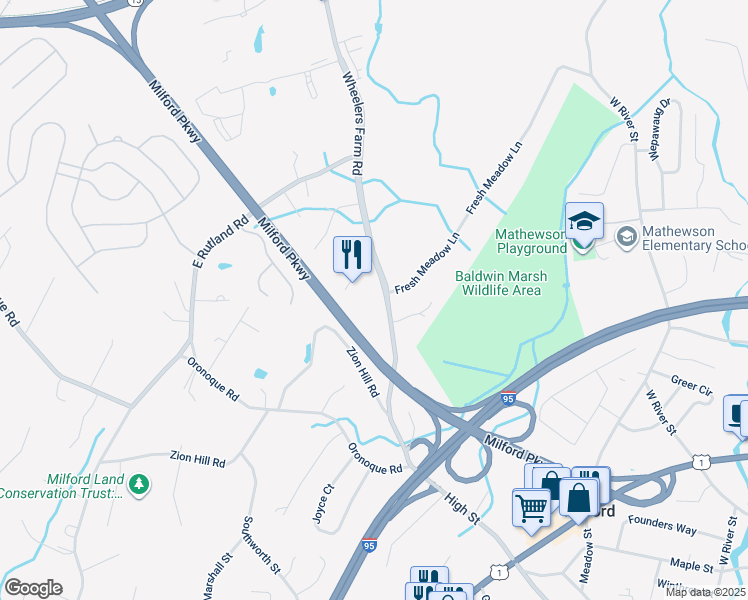 map of restaurants, bars, coffee shops, grocery stores, and more near 35 Macadam Terrace in Milford