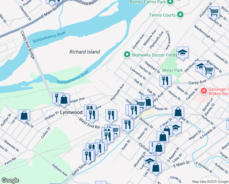 map of restaurants, bars, coffee shops, grocery stores, and more near 159 Simpson Street in Wilkes-Barre