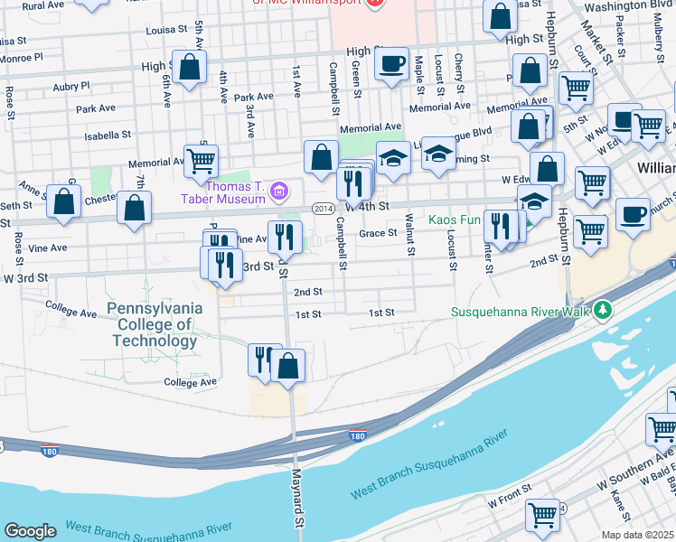 map of restaurants, bars, coffee shops, grocery stores, and more near 802 West 3rd Street in Williamsport