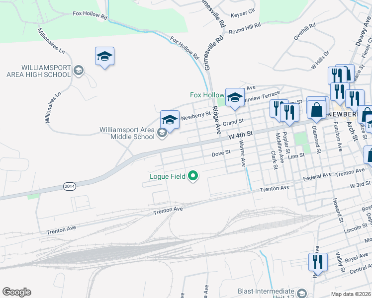 map of restaurants, bars, coffee shops, grocery stores, and more near in Williamsport