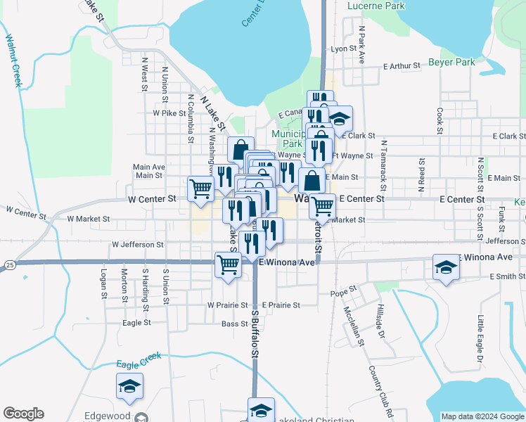 map of restaurants, bars, coffee shops, grocery stores, and more near 120 East Center Street in Warsaw
