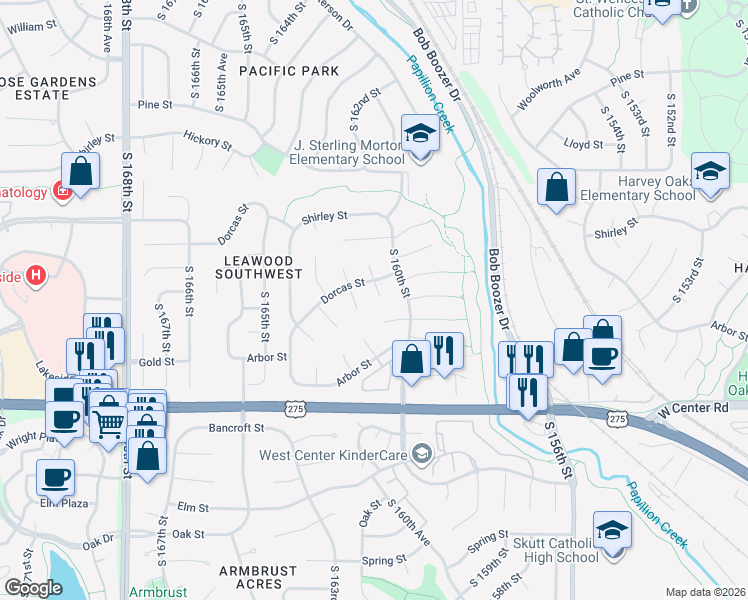 map of restaurants, bars, coffee shops, grocery stores, and more near 16105 Dorcas Street in Omaha