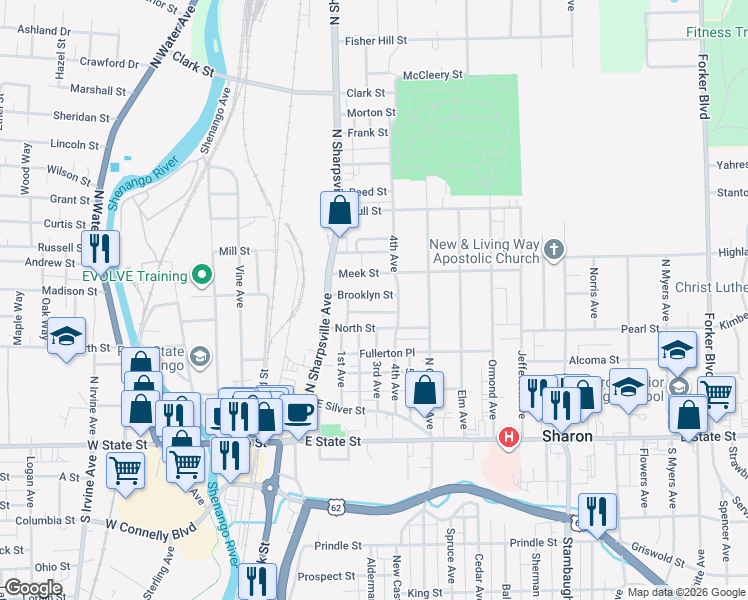 map of restaurants, bars, coffee shops, grocery stores, and more near 389 Brooklyn Street in Sharon