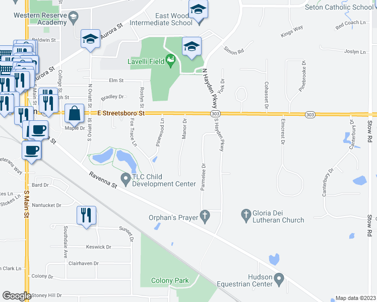 map of restaurants, bars, coffee shops, grocery stores, and more near 57 Manor Drive in Hudson