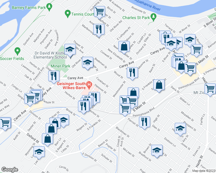 map of restaurants, bars, coffee shops, grocery stores, and more near 59 Barney Street in Wilkes-Barre