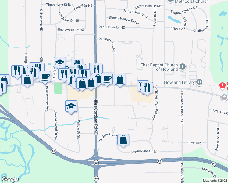 map of restaurants, bars, coffee shops, grocery stores, and more near 8530 East Market Street in Warren