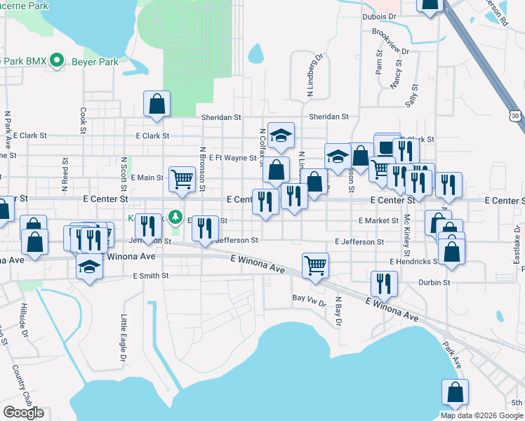 map of restaurants, bars, coffee shops, grocery stores, and more near Colfax Street in Warsaw