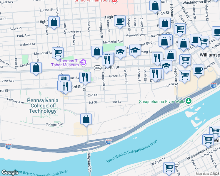 map of restaurants, bars, coffee shops, grocery stores, and more near 754 West 3rd Street in Williamsport