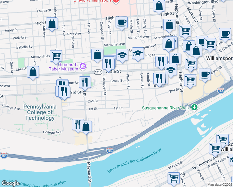 map of restaurants, bars, coffee shops, grocery stores, and more near 754 West 3rd Street in Williamsport
