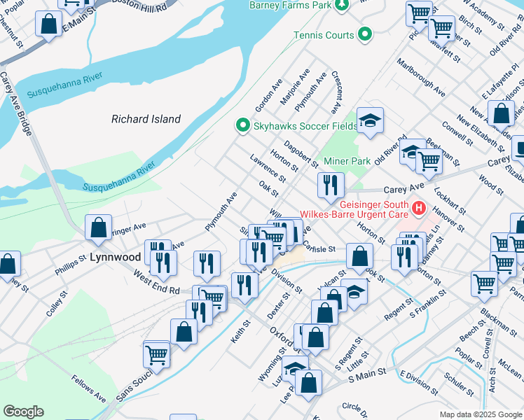 map of restaurants, bars, coffee shops, grocery stores, and more near 122 Willow Street in Wilkes-Barre