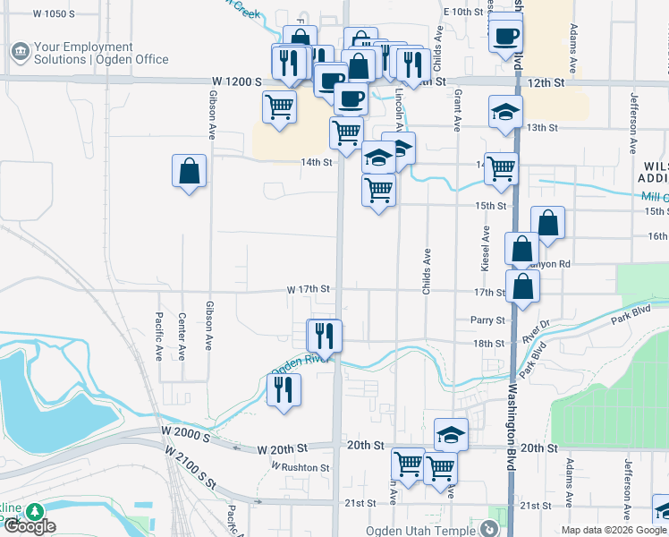 map of restaurants, bars, coffee shops, grocery stores, and more near 1685 Wall Avenue in Ogden
