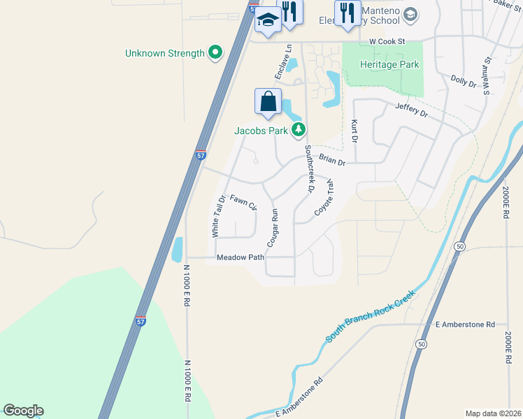 map of restaurants, bars, coffee shops, grocery stores, and more near 1163 Fawn Circle in Manteno