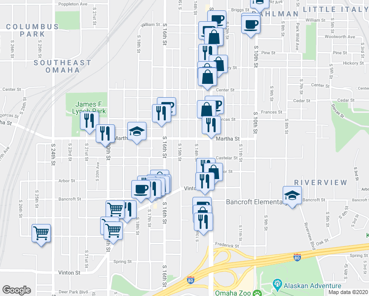 map of restaurants, bars, coffee shops, grocery stores, and more near 2315 South 15th Street in Omaha