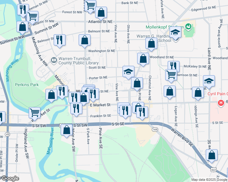 map of restaurants, bars, coffee shops, grocery stores, and more near 361 High Street Northeast in Warren