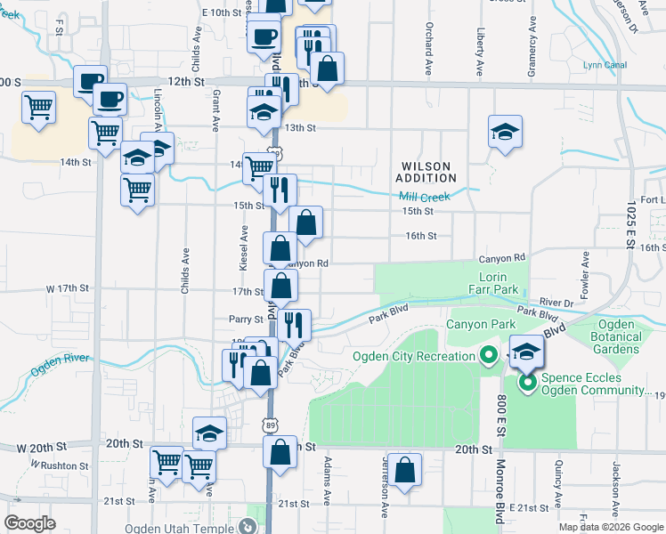 map of restaurants, bars, coffee shops, grocery stores, and more near 484 Canyon Road in Ogden