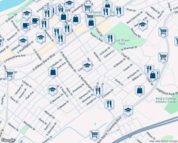map of restaurants, bars, coffee shops, grocery stores, and more near 3-53 Winter Ln in Wilkes-Barre