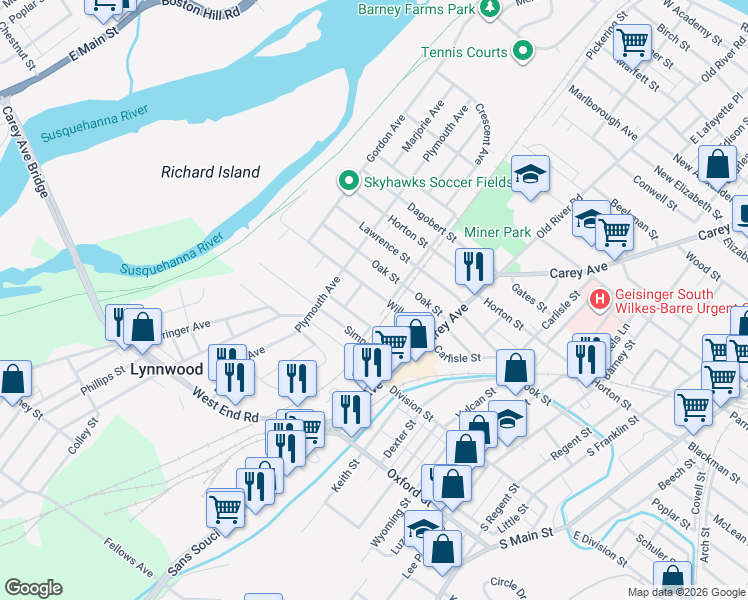 map of restaurants, bars, coffee shops, grocery stores, and more near 123-133 Willow Street in Wilkes-Barre