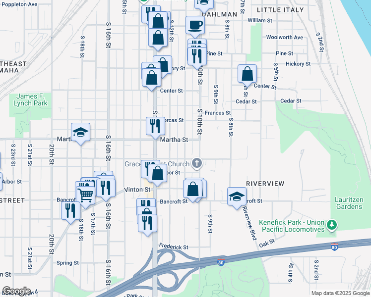 map of restaurants, bars, coffee shops, grocery stores, and more near 2306 South 11th Street in Omaha