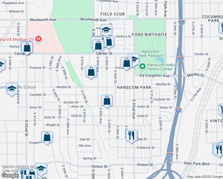 map of restaurants, bars, coffee shops, grocery stores, and more near 3424 Martha Street in Omaha