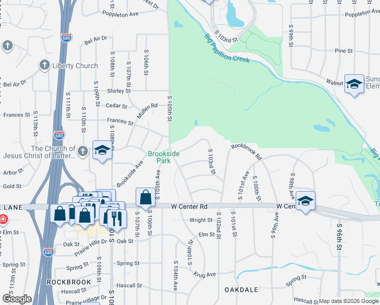 map of restaurants, bars, coffee shops, grocery stores, and more near 10334 Rockbrook Road in Omaha