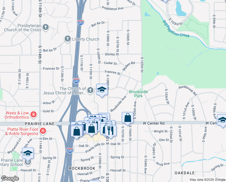 map of restaurants, bars, coffee shops, grocery stores, and more near 2155 South 108th Street in Omaha