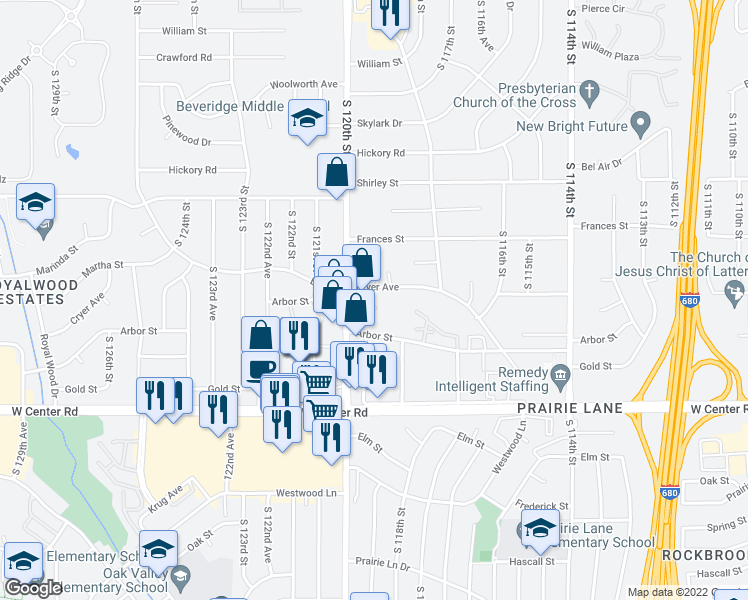 map of restaurants, bars, coffee shops, grocery stores, and more near 11905 Cryer Avenue in Omaha
