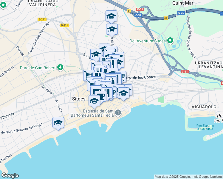 map of restaurants, bars, coffee shops, grocery stores, and more near 4 Carrer de Francesc Gumà in Sitges