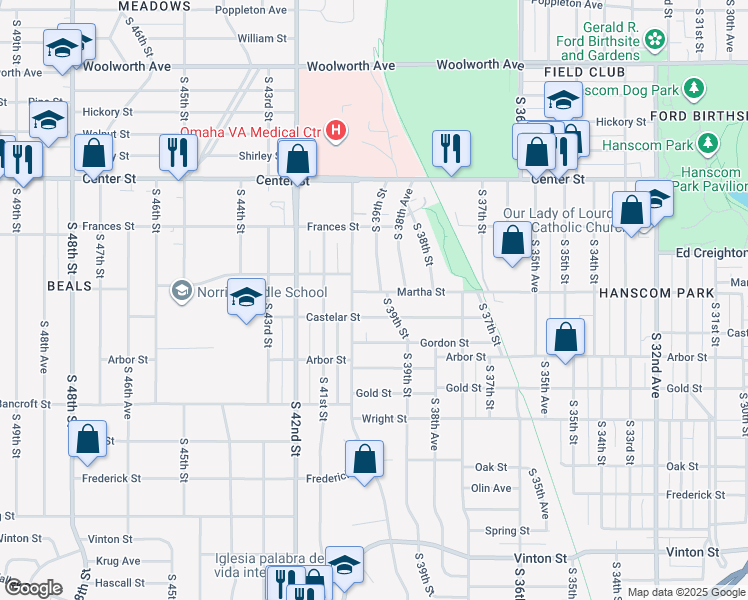 map of restaurants, bars, coffee shops, grocery stores, and more near 3928 Martha Street in Omaha