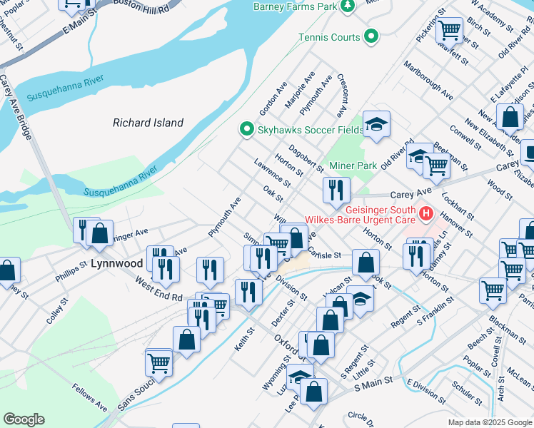 map of restaurants, bars, coffee shops, grocery stores, and more near 122 Willow Street in Wilkes-Barre
