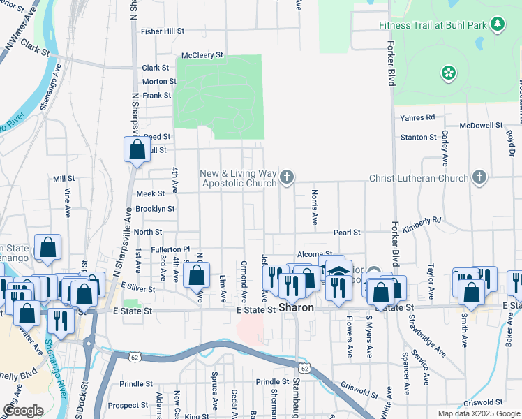 map of restaurants, bars, coffee shops, grocery stores, and more near 329 Jefferson Avenue in Sharon