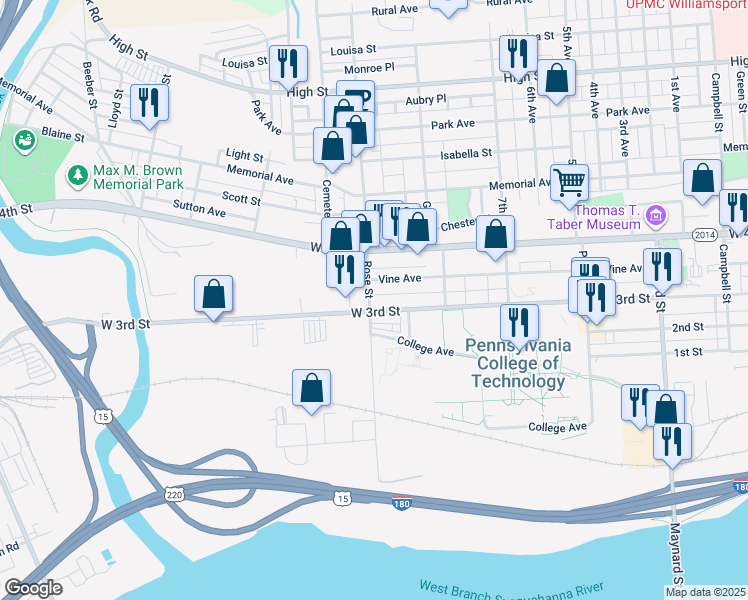 map of restaurants, bars, coffee shops, grocery stores, and more near 327 Rose Street in Williamsport