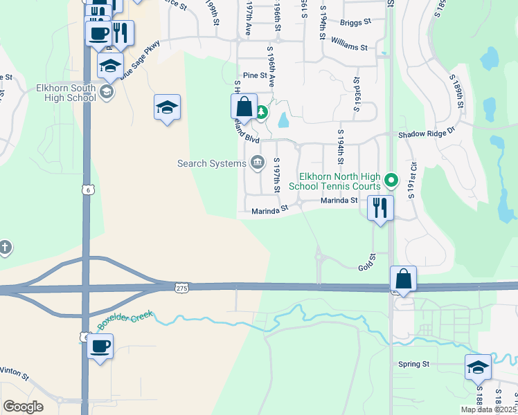 map of restaurants, bars, coffee shops, grocery stores, and more near 19730 Marinda Street in Omaha