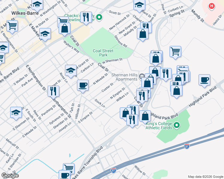 map of restaurants, bars, coffee shops, grocery stores, and more near 113 Custer Street in Wilkes-Barre