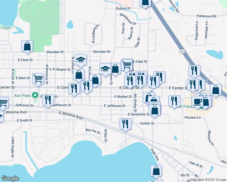 map of restaurants, bars, coffee shops, grocery stores, and more near 2101-2103 Lincoln Hwy in Warsaw