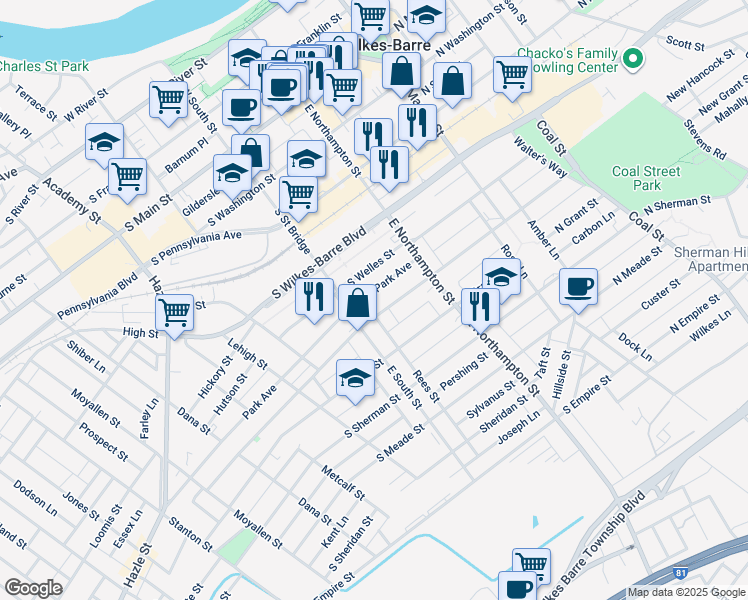 map of restaurants, bars, coffee shops, grocery stores, and more near 72 Park Avenue in Wilkes-Barre