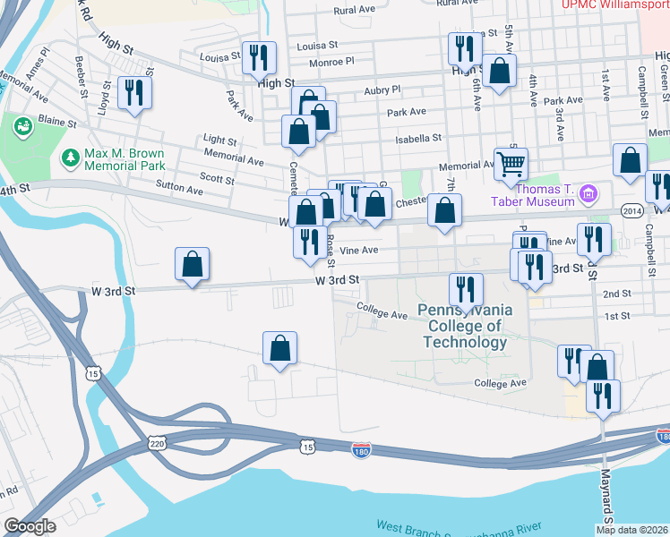 map of restaurants, bars, coffee shops, grocery stores, and more near 327 Rose Street in Williamsport
