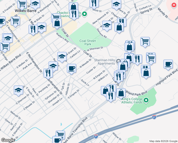 map of restaurants, bars, coffee shops, grocery stores, and more near 257 Coal Street in Wilkes-Barre