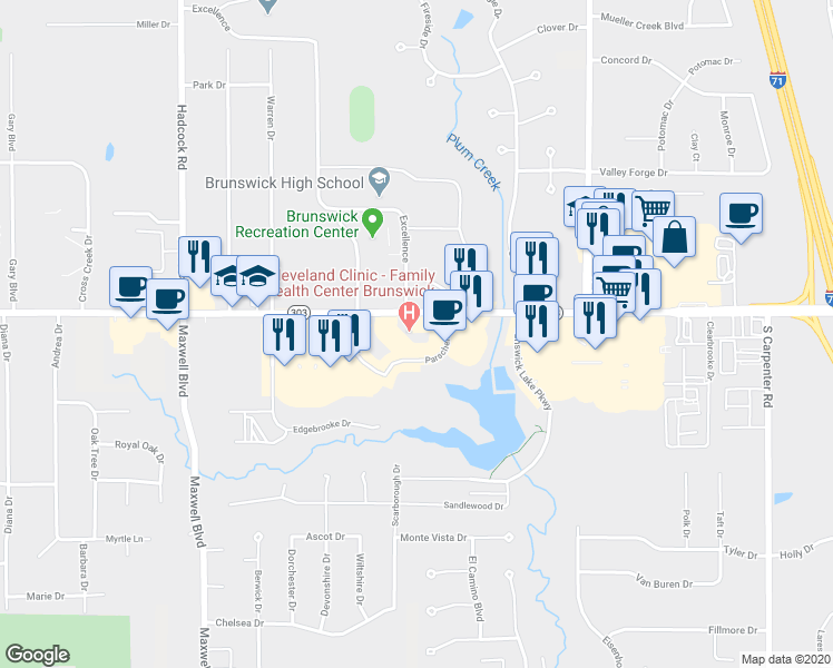 map of restaurants, bars, coffee shops, grocery stores, and more near 3574 Center Road in Brunswick