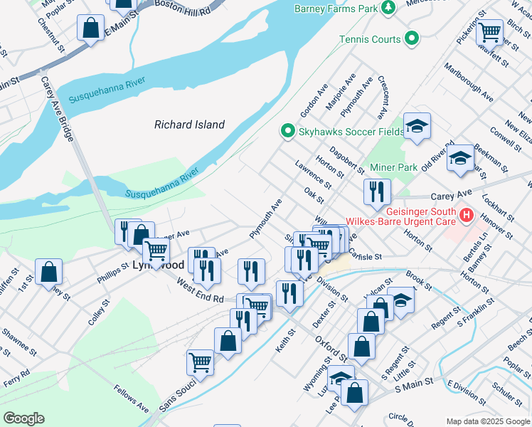 map of restaurants, bars, coffee shops, grocery stores, and more near 321 Plymouth Avenue in Wilkes-Barre