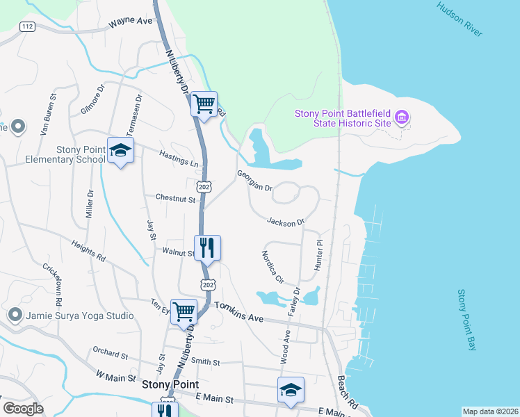 map of restaurants, bars, coffee shops, grocery stores, and more near 11 Jackson Drive in Stony Point