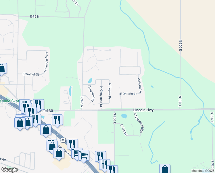 map of restaurants, bars, coffee shops, grocery stores, and more near 205 North Tepee Drive in Warsaw