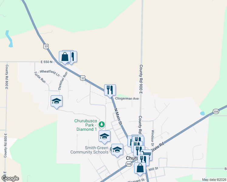 map of restaurants, bars, coffee shops, grocery stores, and more near 750 North Main Street in Churubusco