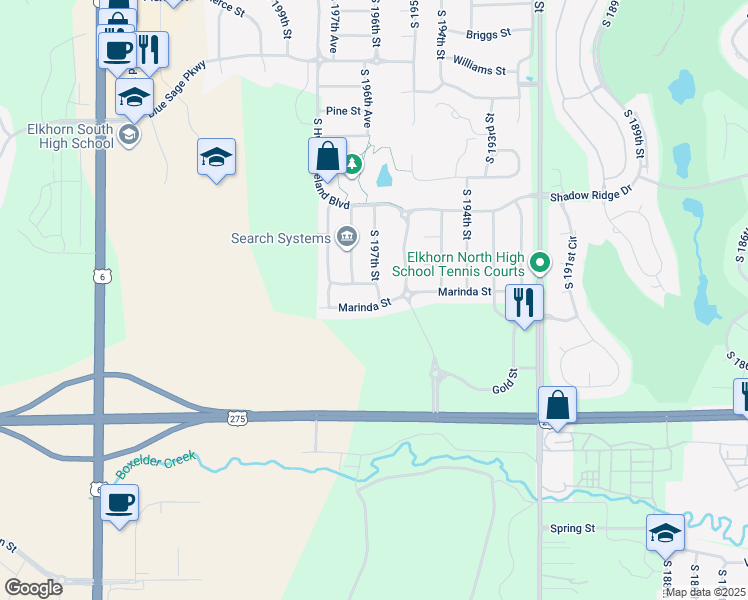 map of restaurants, bars, coffee shops, grocery stores, and more near 19706 Marinda Street in Omaha