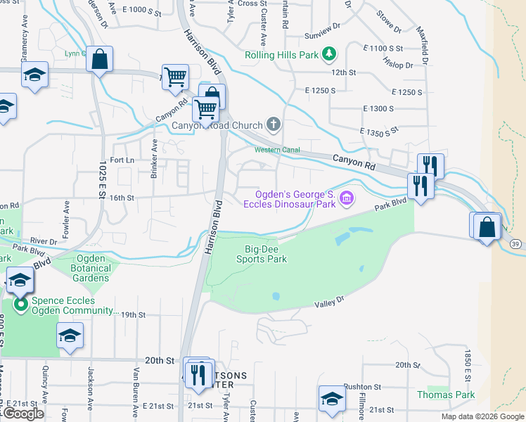 map of restaurants, bars, coffee shops, grocery stores, and more near 1348 16th Street in Ogden